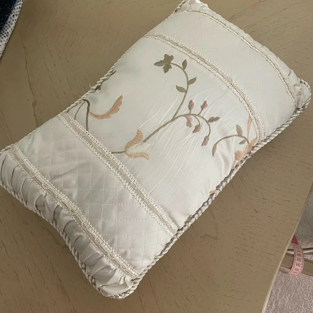 Ivory Embroidered Floral Lumbar Pillow 17x11 Quilted Satin Decorative Accent